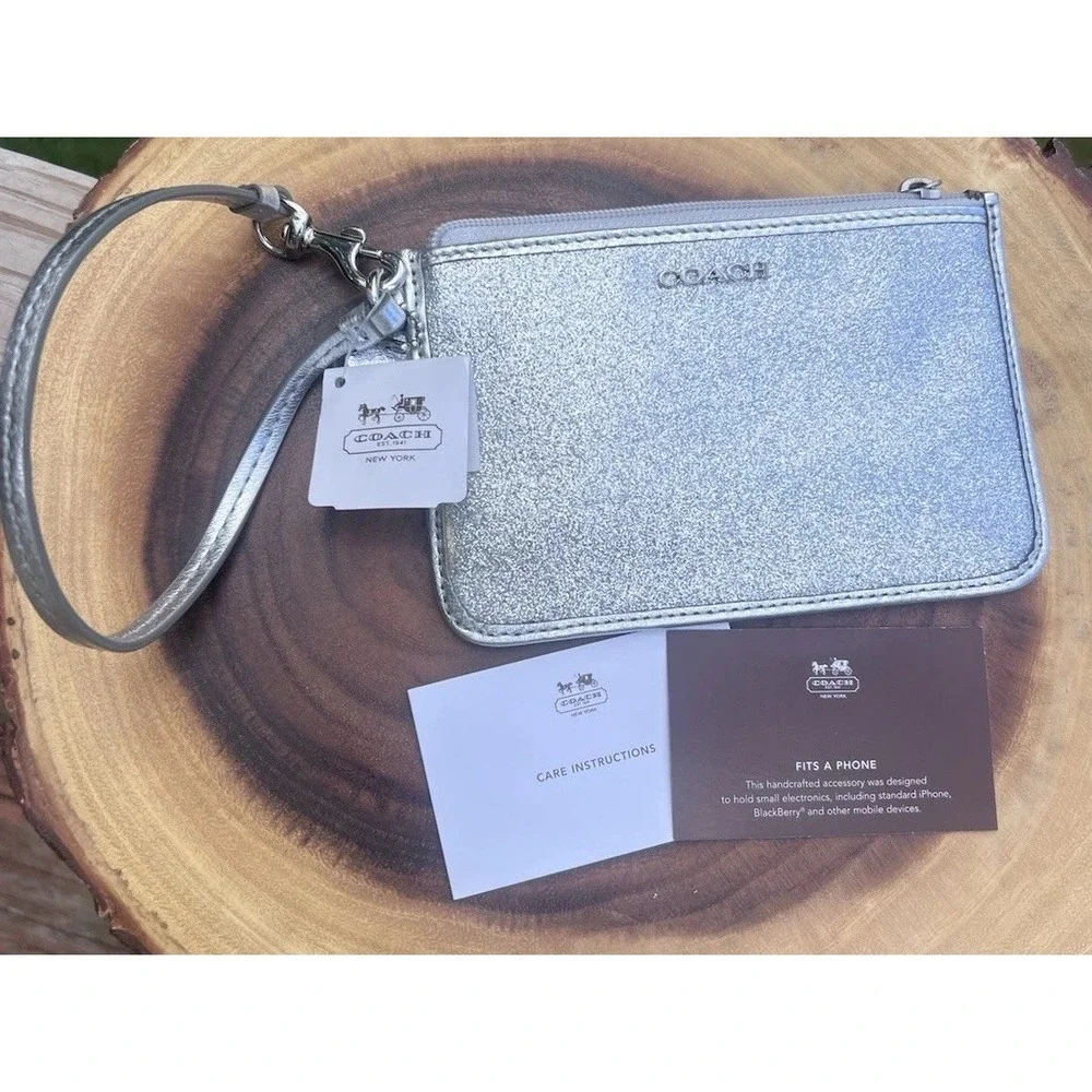 Coach Silver Metallic Glitter Leather Zip Legacy Wristlet Clutch Phone Pouch